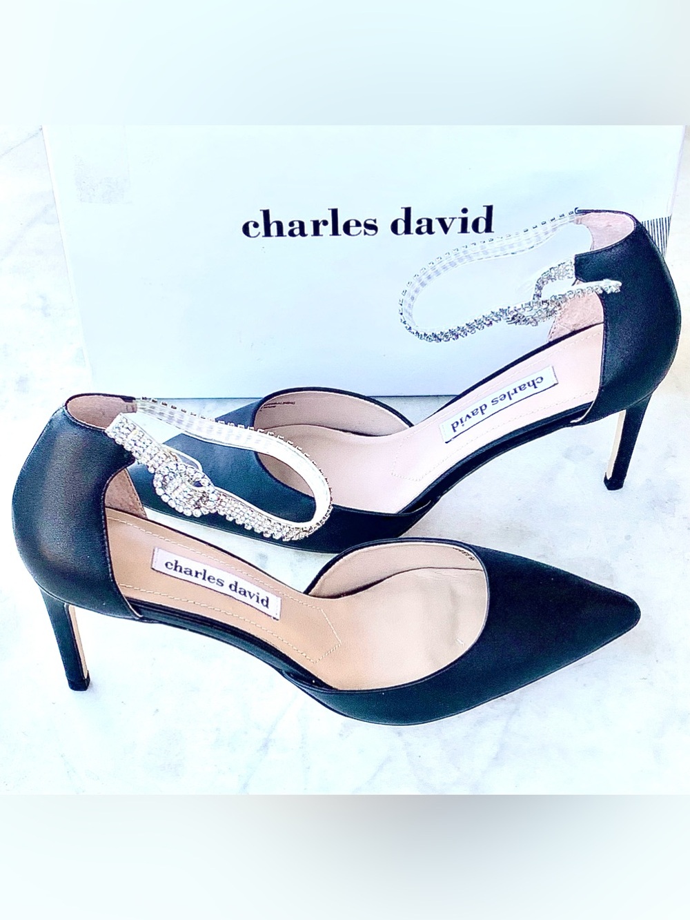 CHARLES DAVID Black Pointed Toe Pumps ACKER Rhinestone Ankle Strap 8 1/2 NEW